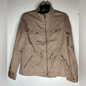 Anorak Utility Jacket Tan Floral Lace Accent‎ Women's By Love Tree Size Large